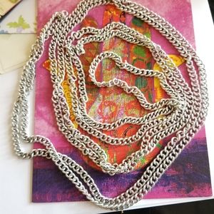 Extra long vintage necklace silver tone chain with textured links lightweight